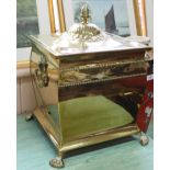 Twin handled brass coal box and cover with embossed and beaded decoration,