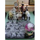Porcelain and other figurine animals plus wine glasses etc (two trays)