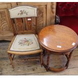 A small Edwardian mahogany inlaid chair with tapestry seat and back with and an oak occasional