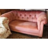 A two seater Chesterfield sofa upholstered in dusky pink draylon