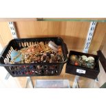 A mixed box of costume jewellery and other sundries including enamelled locket, stone set rings,