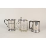 Two Victorian tankards (one with glass bottom) and a glass,