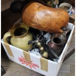 A 19th Century copper jug, brown stoneware jug,