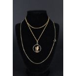 A 9ct gold St Christopher pendant plus two 9ct gold chains