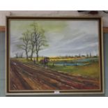 A framed oil on board depicting a vintage farming scene signed Dennis Belts lower right,
