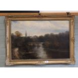 A late 19th Century oil of a river landscape with fisherman by a footbridge,