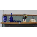 A blue cut glass vase, blue glass and silvered liqueur decanter and five glasses,