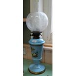 A 19th Century Bohemian blue glass oil lamp with etched glass shade