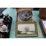 A small oil painting of the Waveney Valley by Arthur Pank with three commemorative glass dishes