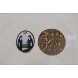 A Russian bronze medallion plus a Russian coloured enamel religious locket of two saints