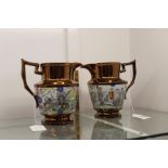 A pair of mid 19th Century Staffordshire copper lustre jugs with transfer decorated scenes of