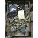 A box of assorted brass ware including coin in slot lavatory door lock,