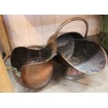 A 19th Century copper helmet coal scuttle plus one other and a copper chestnut roaster (as found)