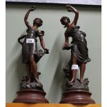 A pair of French patinated Art Nouveau spelter maidens,
