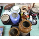 Three trays of assorted china including a part tea set, stoneware pots, glass water jug,