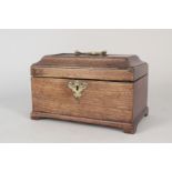 A late 18th Century Chippendale style three division mahogany tea caddy with original metal