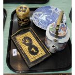 A group of Asian porcelain and lacquer items
