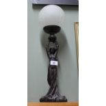 A pair of 20th Century spelter lamps with frosted glass globes,