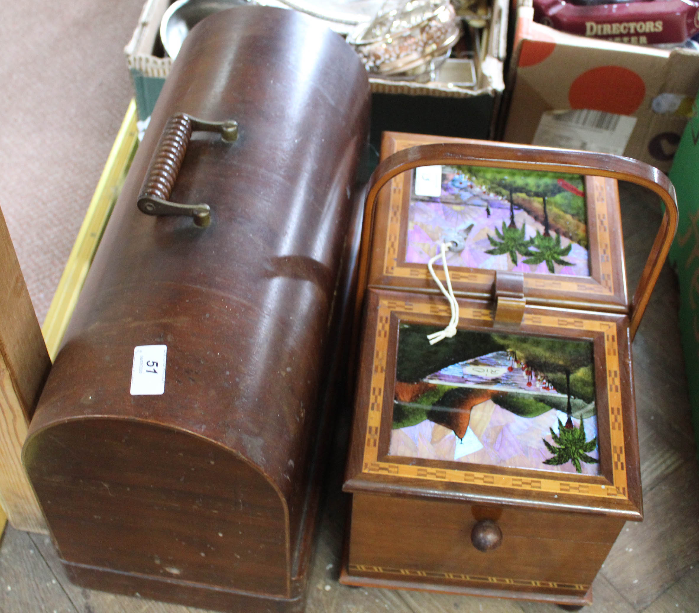 A walnut inlaid sewing box plus a Singer sewing machine