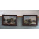 Two oils on canvas depicting a countryside river scene and a manor house