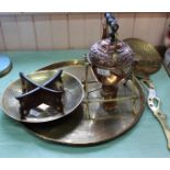 A brass and copper spirit kettle on stand, a 19th Century pierced brass chestnut roaster,