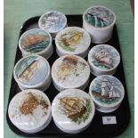 Ten pot lids depicting sailing ships with bases