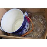 A Royal Doulton flow blue and white slop bucket (as found) plus a cut glass dish