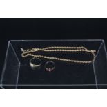 A 9ct gold 'rope' necklace (as found) plus two 9ct gold rings (one is as found)