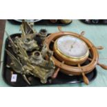 Two pairs of stylised brass candlesticks plus a modern ships wheel barometer