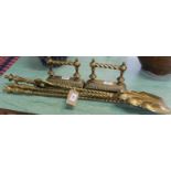 A set of three Victorian barley twist brass fire irons with Reg No plus a pair of matching brass