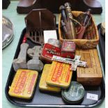 A tray of assorted items including tins, silver bladed fruit knife, three hunting knives,