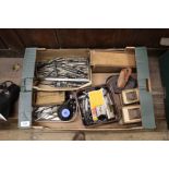 A box of mixed metal working tools etc