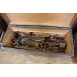 A vintage pine tool box with contents