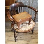 A 1920's oak barley twist tub chair and an oak stool