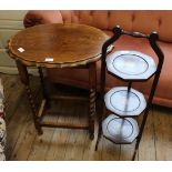 An oak barley twist table and inlaid mahogany cake stand