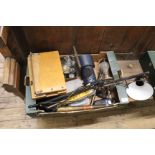 A box of mixed metal working tools including an angle poise lamp