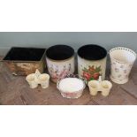 Seven vintage style decorated pots and waste paper bins
