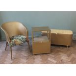 A sprung seat gold painted loom chair, a linen box and a bedside table marked Blindcraft,