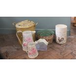 Florally decorated tin items including watering cans,