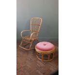 A bamboo rocking chair and circular footstool
