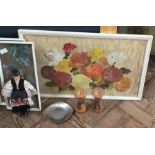 A still life oil painting of flowers, traditionally dressed doll,