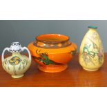 Three pieces of Shelley pottery including an orange bowl with cranes,