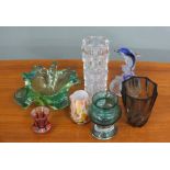 A quantity of coloured glass ware including Whitefriars style vase