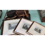 Four 19th Century framed topographical prints plus two pairs of leather cased binoculars