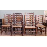 An early 19th Century elm ladderback carver chair with set of six and one late 19th Century similar