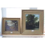 A gilt framed oil painting of fishermen plus a gilt framed oil painting of a country scene