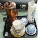 A late 19th Century coffee percolator, three pieces of Jasper ware,