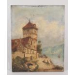 An oil on panel depicting a Mediterranean villa and lake scene,