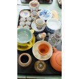 A tray of Japanese porcelain including blue and white dishes, a part coffee set,