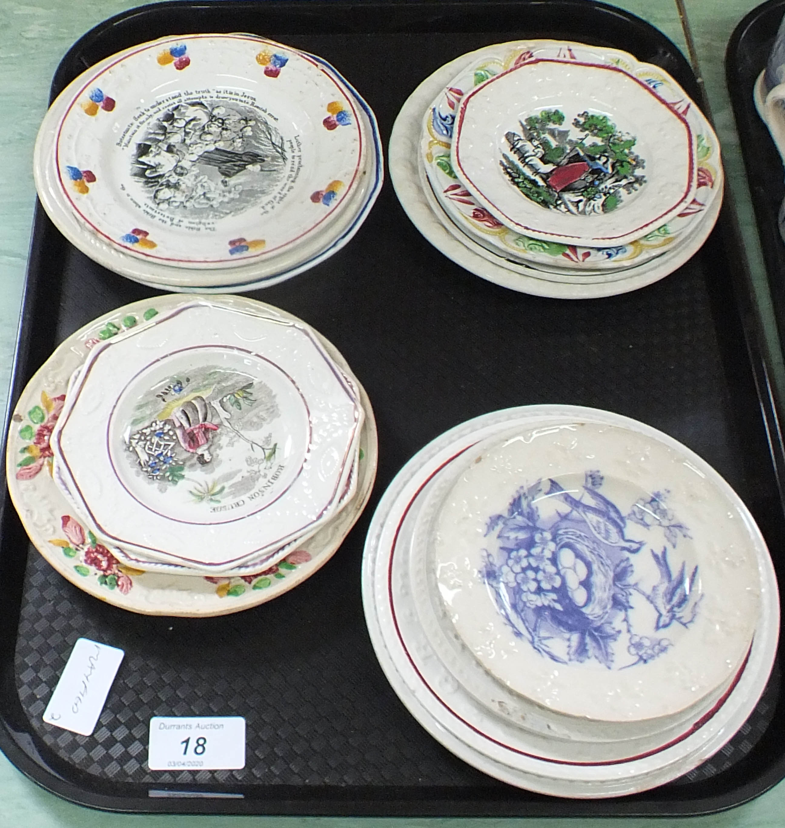 A selection of fifteen mid 19th Century childs pottery nursery plates